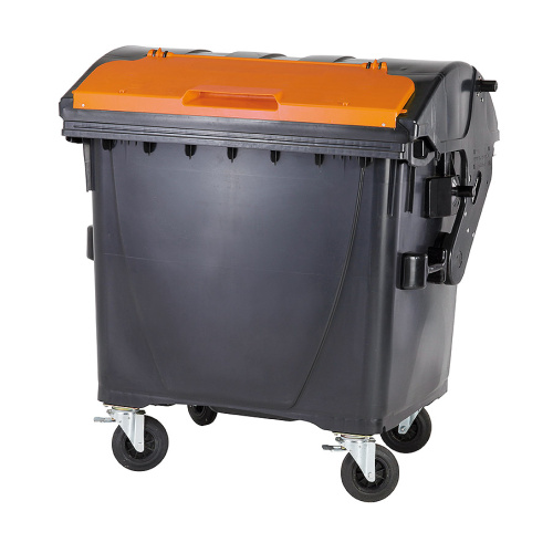 Пластмасов контейнер 1100 л - черен / черен / оранжев капак в капака