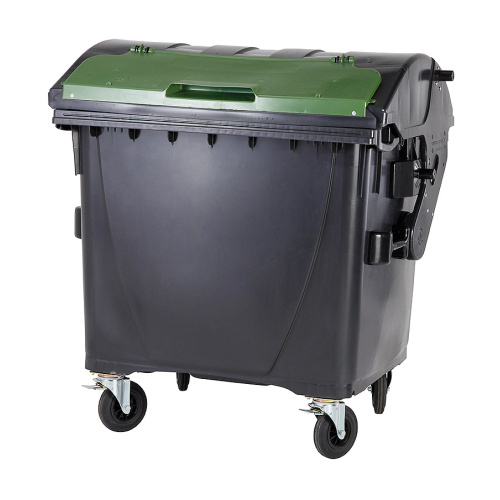 Пластмасов контейнер 1100 л - черен / черен / зелен капак в капака